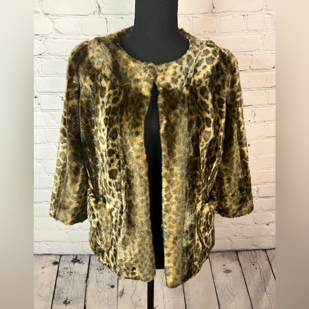 Guess Faux Fur‎ Browns Leopard Print Lined Cropped 3/4 Sleeve Jacket Size Large